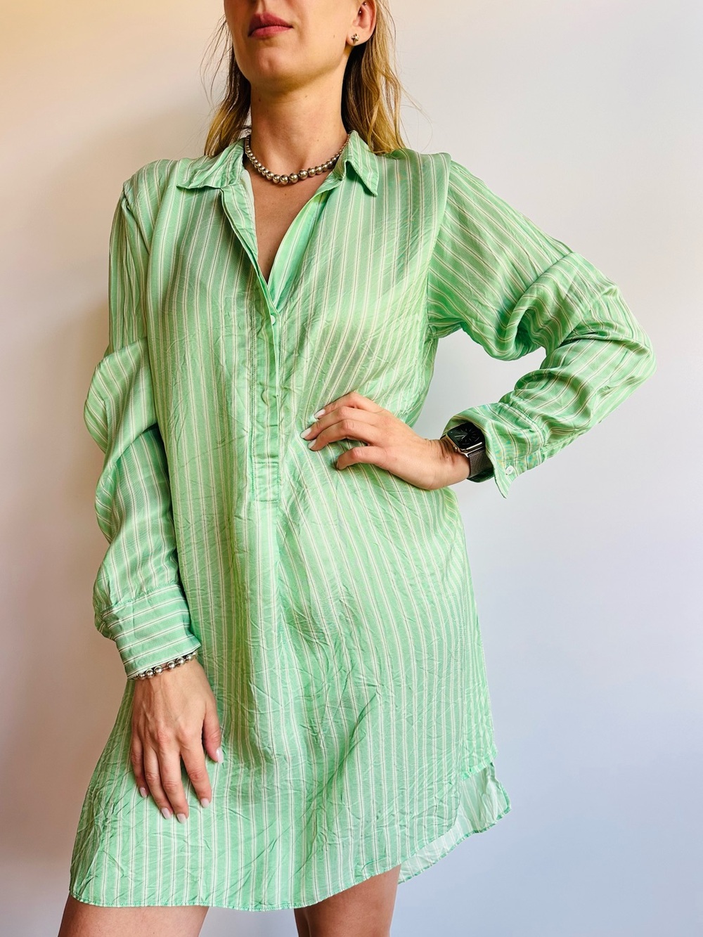 Zara Mint Green Striped Shirt Dress Tunic Collared Long Sleeve Relaxed